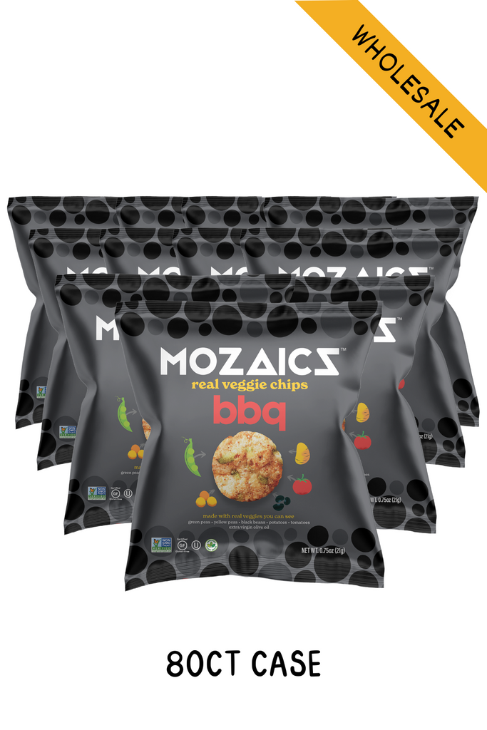 Healthy chip alternative of Mozaics Veggie Chips, product picture of bags of BBQ variety with yellow wholesale banner