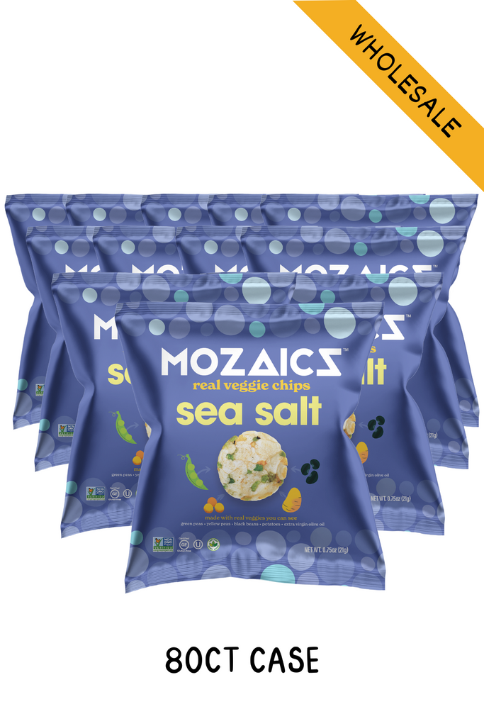 Healthy chip alternative of Mozaics Veggie Chips, product picture of bags of Sea Salt variety with yellow wholesale banner