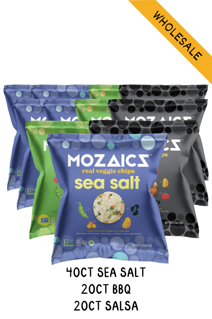 Healthy chip alternative of Mozaics Veggie Chips, product picture of bags of Sea Salt, BBQ and Salsa varieties with yellow wholesale banner