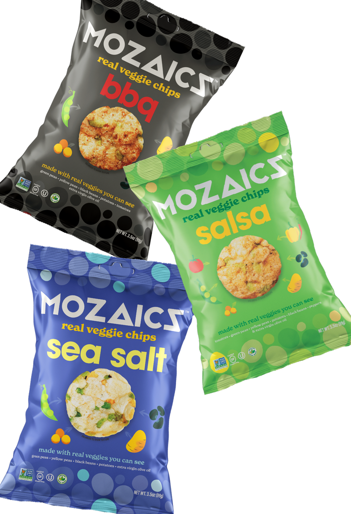 Healthy snack Mozaics Real Veggie Chips, packets of all three flavors in Sea Salt, BBQ and Salsa