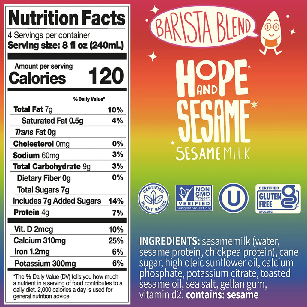 Dairy alternative Sesamemilk, Hope and Sesame Sesamemilk Barista Blend label and nutrition facts