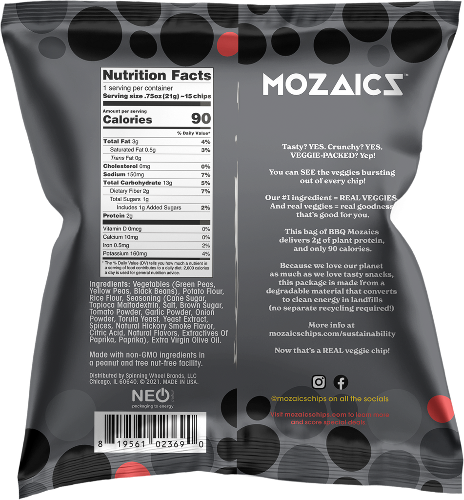 Healthy snack Mozaics Real Veggie Chips, back of BBQ package