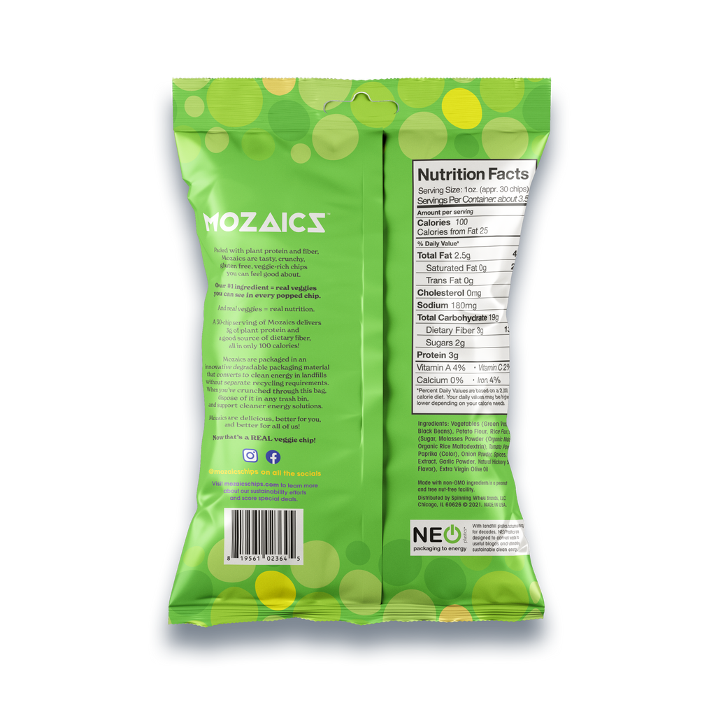 Healthy snack Mozaics, back of package of Mozaics Chips in Salsa