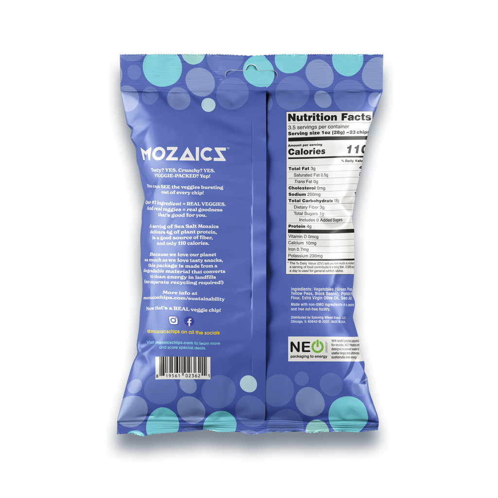 Healthy snack Mozaics, back of package of Mozaics Chips in Sea Salt