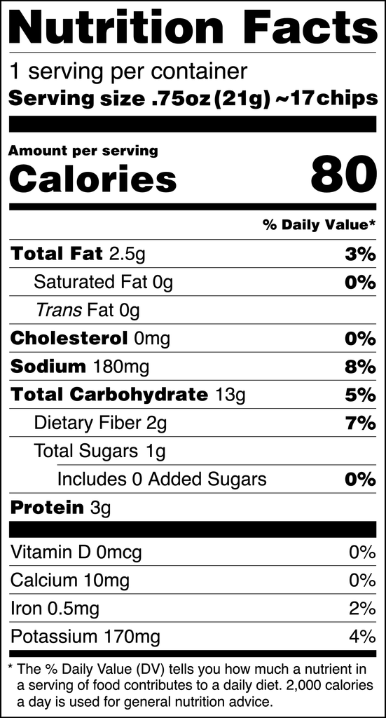 Healthy snack Mozaics Real Veggie Chips, nutrition facts for Mozaics Salsa