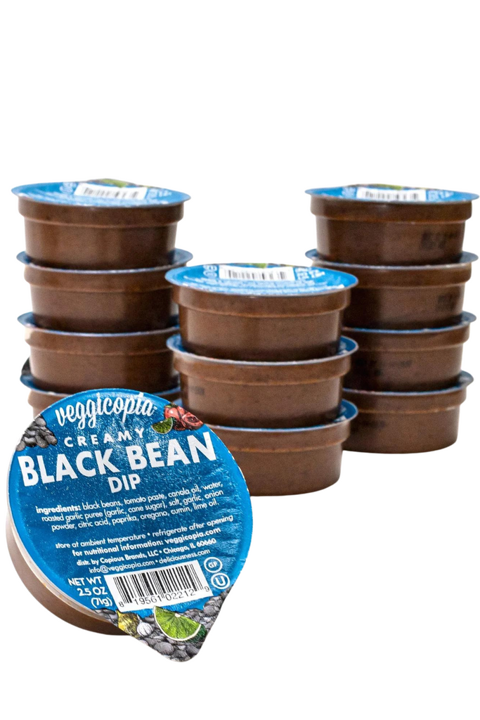 Snacks by Veggicopia, stacked containers of Creamy Black Bean Dip