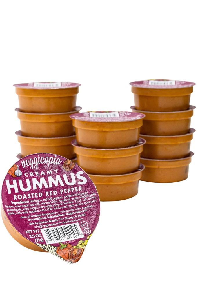 Snacks by Veggicopia, stacked containers of Creamy Hummus Roasted Red Pepper