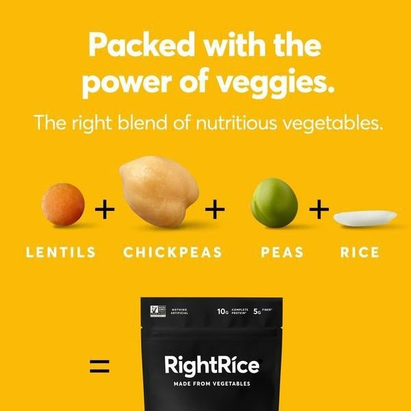Rice alternative RightRice, RightRice equation of lentils plus chickpeas plus peas plus rice equals packet of RightRice