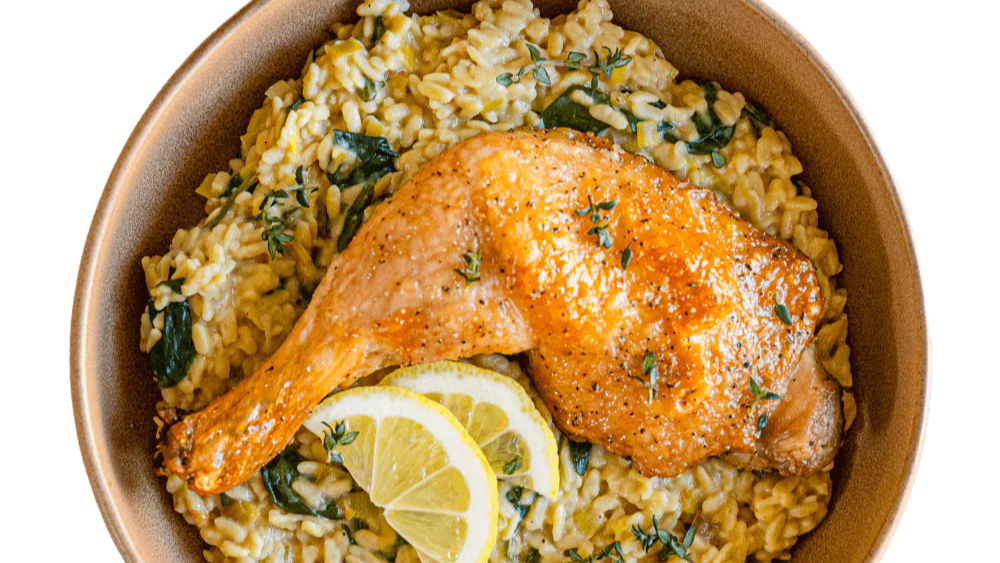 Roasted Garlic Risotto with Crispy Baked Chicken