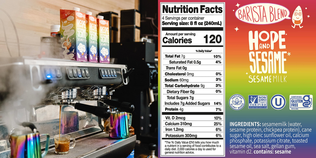 Dairy alternative Hope and Sesame Sesamemilk, Barista label with nutritional label facts and and espresso machine with accessories and cartons of Barista Blend