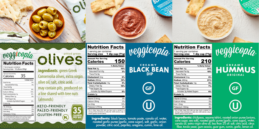 Veggicopia Dip labels and nutritional facts for Creamy Hummus Original and Black Bean, picture of open container of each dip with pita chips around. Picture of Pitted Green Olives label and nutritional facts with a bowl of green olives