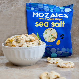Healthy snack Mozaics, bowl of Mozaics Chips in Sea Salt with a packet of Mozaics Sea Salt Chips