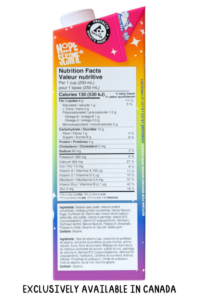 Side of Hope and Sesame Barista Blend Sesamemilk Carton in Canadian Bilingual English and French with Nutrition Fact Panel