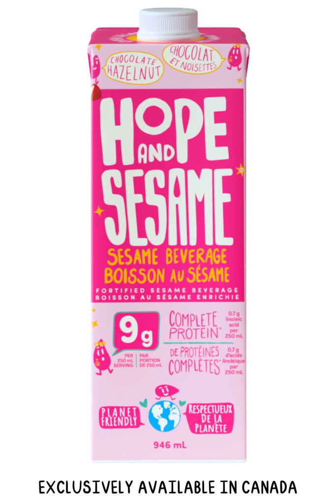 Front of Hope and Sesame Chocolate Hazelnut Sesamemilk Carton in Canadian Bilingual English and French