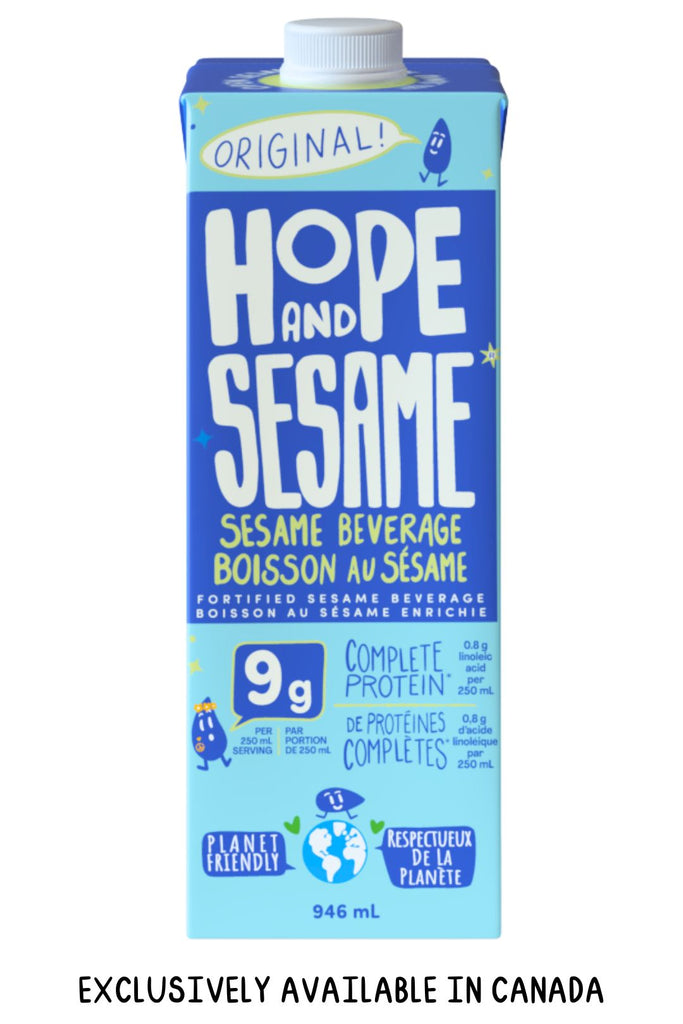 Front of Hope and Sesame Original Sesamemilk Carton in Canadian Bilingual English and French