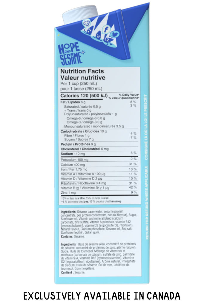 Side of Hope and Sesame Original Sesamemilk Carton in Canadian Bilingual English and French with Nutrition Fact Panel