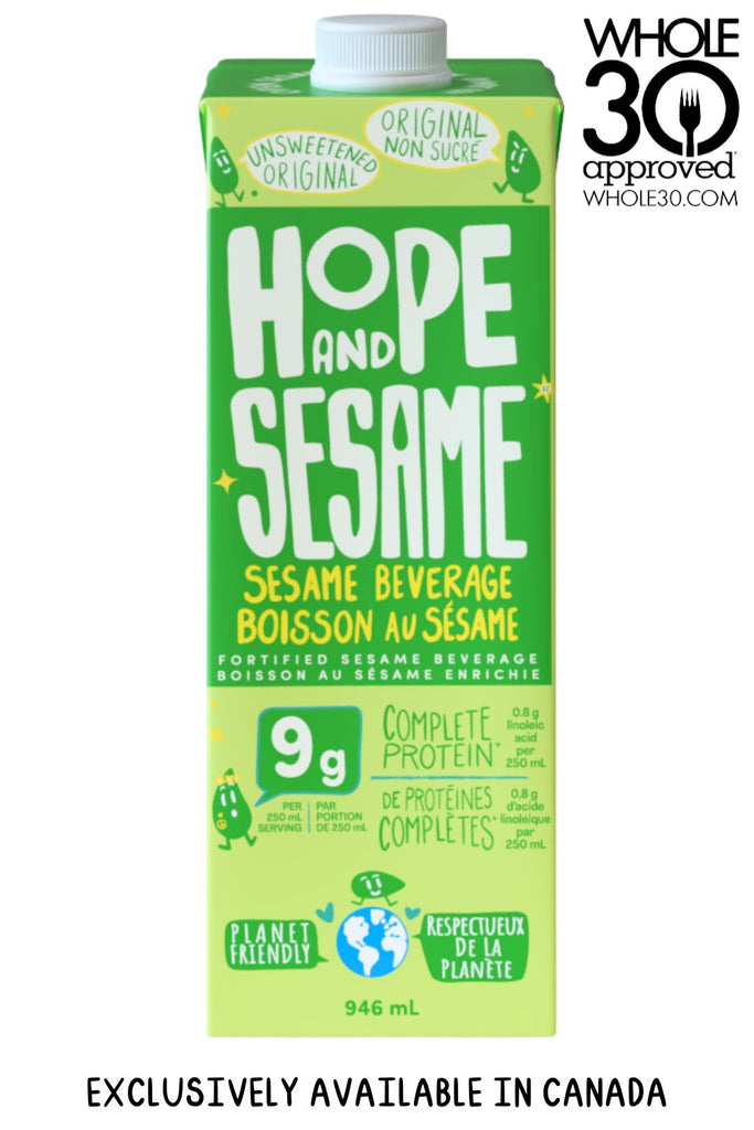 Front of Hope and Sesame Unsweetened Original Sesamemilk Carton in Canadian Bilingual English and French