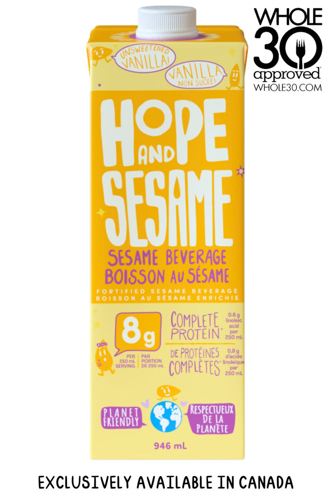 Front of Hope and Sesame Unsweetened Vanilla Sesamemilk Carton in Canadian Bilingual English and French