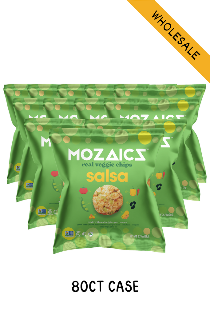 Healthy chip alternative of Mozaics Veggie Chips, product picture of bags of Salsa variety with yellow wholesale banner