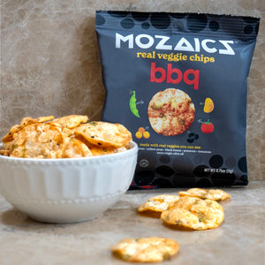 Healthy snack Mozaics, bowl of Mozaics Chips in BBQ with a packet of Mozaics BBQ Chips