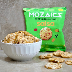 Healthy snack Mozaics, bowl of Mozaics Chips in Salsa with a packet of Mozaics Salsa Chips