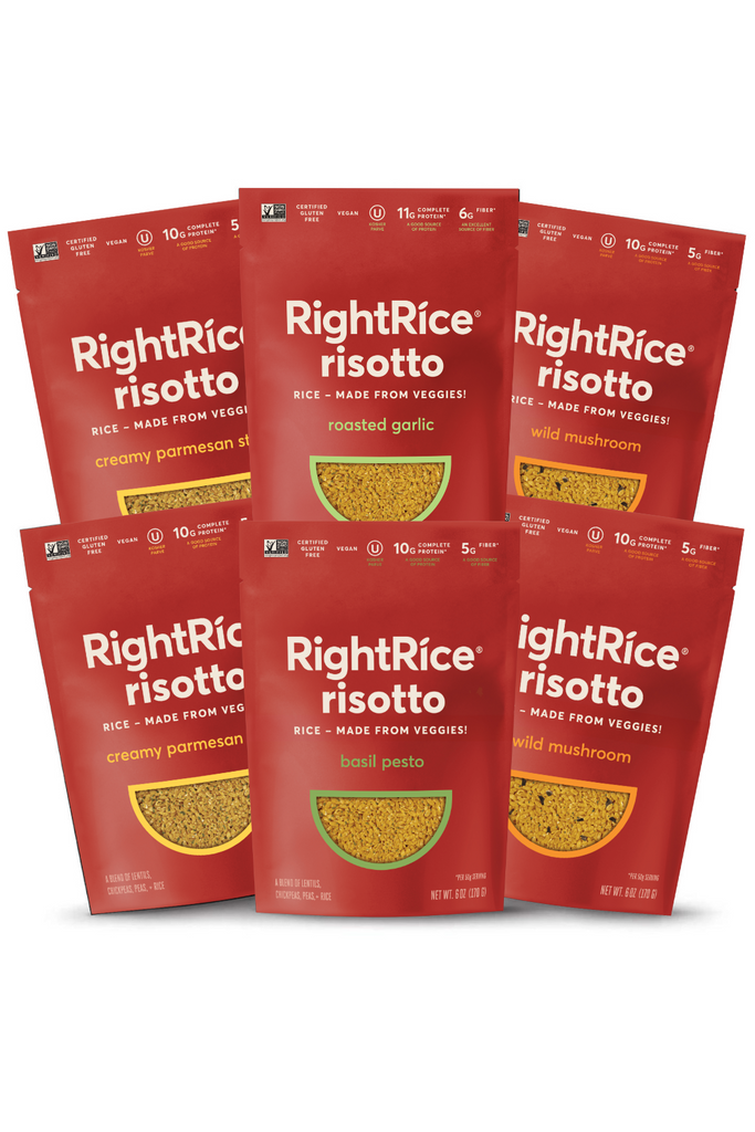 Rice alternative RightRice, picture of 6 packages of the risotto line including, Creamy Parmesan, Wild Mushroom and Basil Pesto