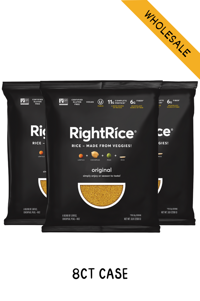 Rice alternative RightRice, product picture of three packets of Original variety with yellow wholesale banner