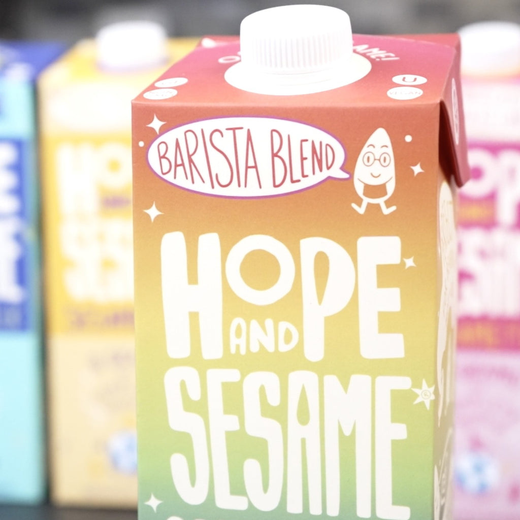Dairy alternative Hope and Sesame Sesamemilk, close up of Barista Blend carton
