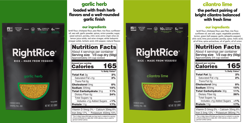 Rice alternative RightRice, packaging photo of RightRice Cilantro Lime and Garlic Herb and their nutritional facts