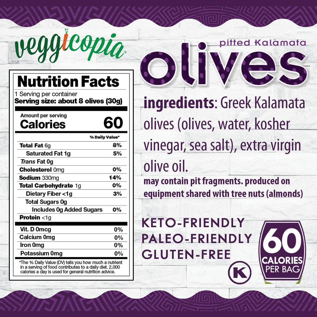 Veggicopia Olives in pitted Kalamata, back of package with nutrition facts