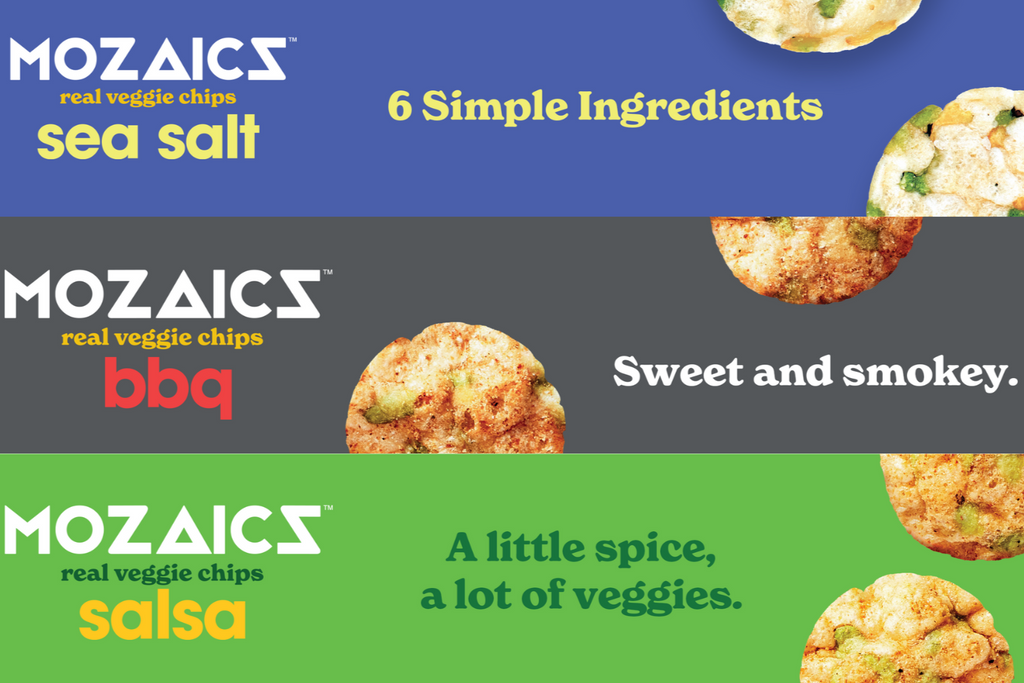 Healthy snack chips Mozaics, banner of all three flavours, Sea Salt, BBQ and Salsa, with logo and chip