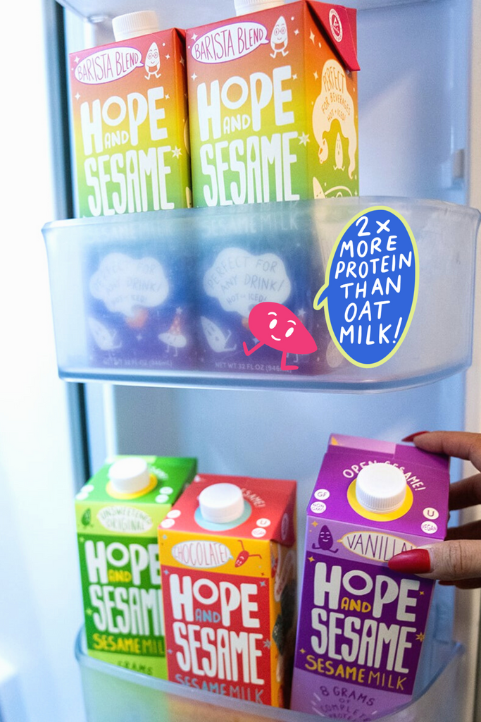Dairy alternative Sesamemilk, Hope and Sesame Sesamemilk varieties in fridge door shelf with icon calling out 2 times more protein that oat milk.