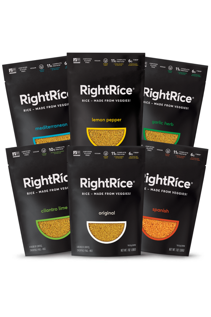 Rice alternative RightRice, package picture of Right Rice core line, Original, Cilantro Lime, Spanish, Mediterranean, Lemon Pepper and Garlic Herb