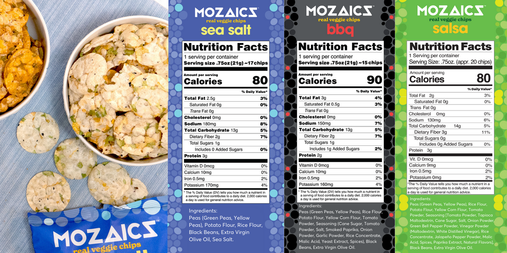 Healthy chip option Mozaics, Nutritional facts label of all three flavours, Sea Salt, BBQ, Salsa and bag of open Sea Salt with a bowl full of Mozaics Chips