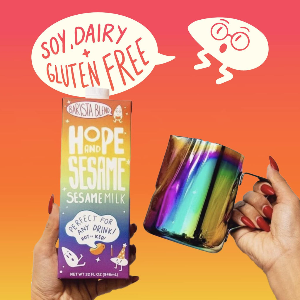 Dairy alternative Sesamemilk, Hope and Sesame Sesamemilk Barista Blend with metallic rainbow frothing jug