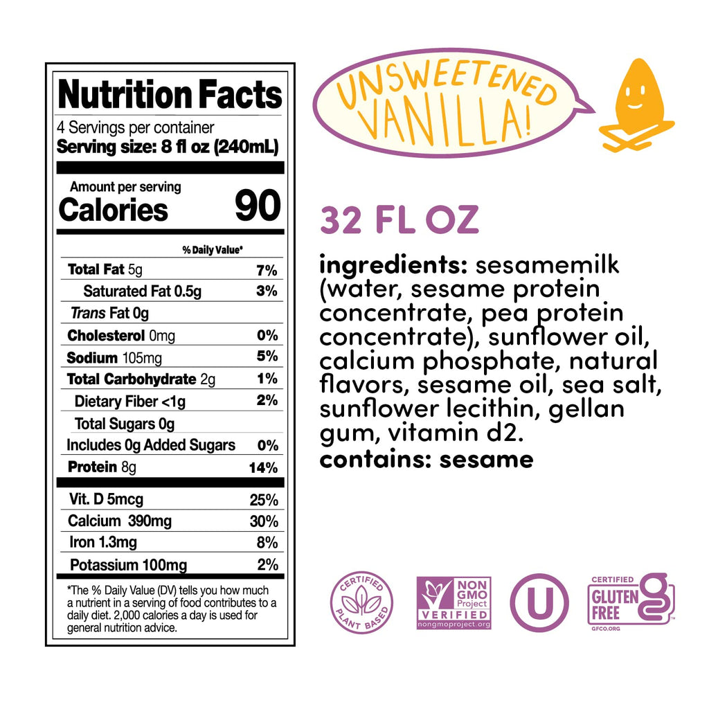 Dairy alternative Sesamemilk, Hope and Sesame Sesamemilk Unsweetened Vanilla nutrition facts label