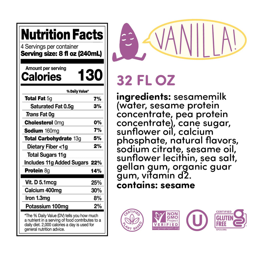 Dairy alternative Sesamemilk, Hope and Sesame Sesamemilk Vanilla nutrition facts label