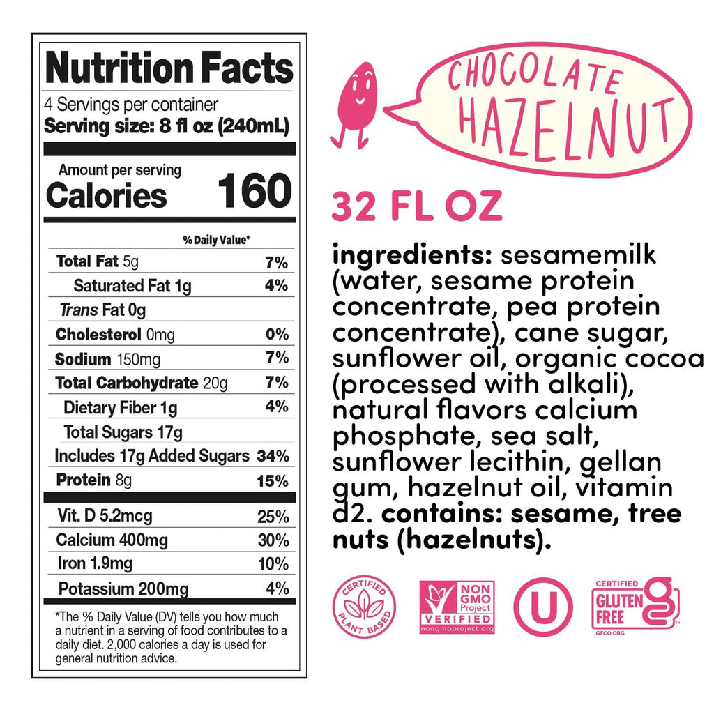 Dairy alternative Sesamemilk, Hope and Sesame Sesamemilk Chocolate Hazelnut nutrition facts label