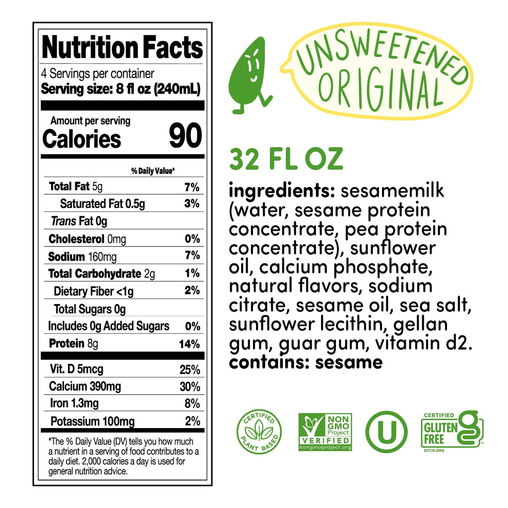 Dairy alternative Sesamemilk, Hope and Sesame Sesamemilk Unsweetened Original nutrition facts label