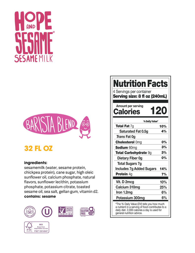 Dairy alternative Hope and Sesame Sesamemilk, Barista Blend back label with ingredients and nutrition facts