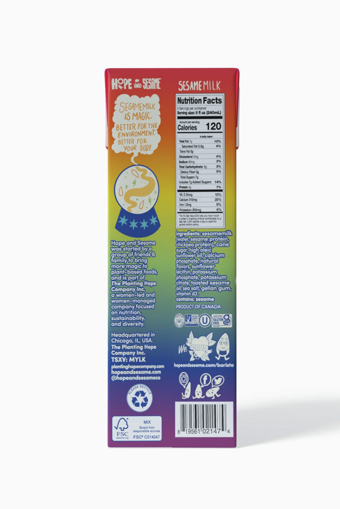 Dairy alternative Hope and Sesame Sesamemilk, Barista Blend back of carton with ingredients and nutrition facts