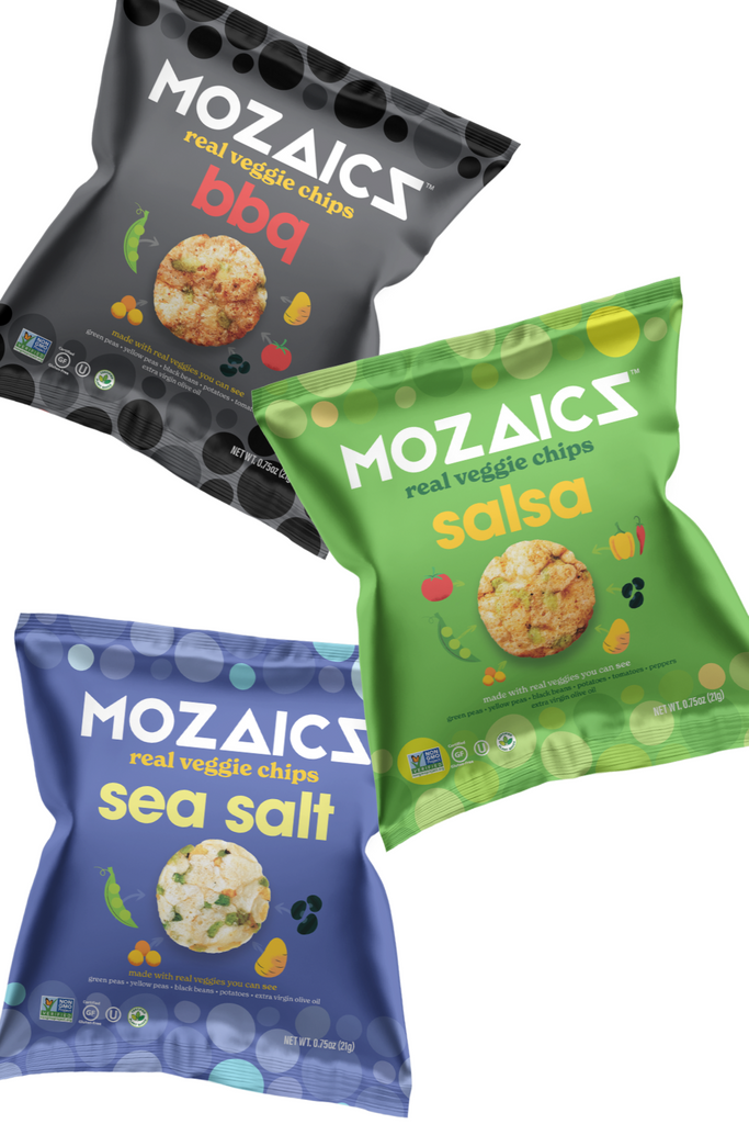 Healthy chips Mozaics Real Veggie Chips, product picture of all three snack size pack in BBQ, Salsa and Sea Salt
