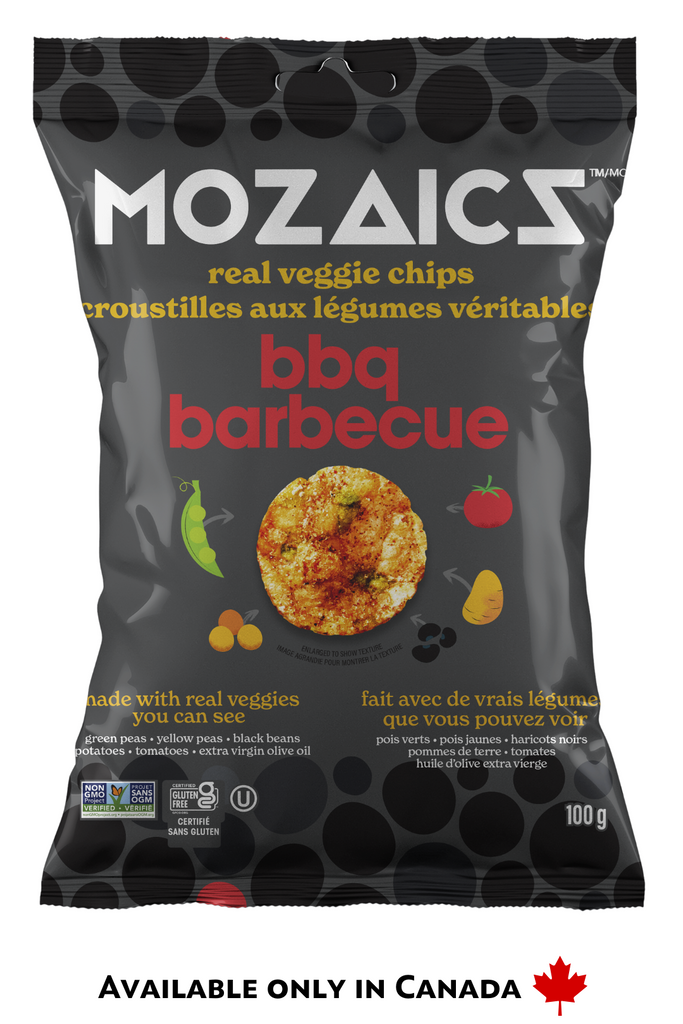 Healthy snack Mozaics Real Veggie Chips, BBQ package with Canadian labelling