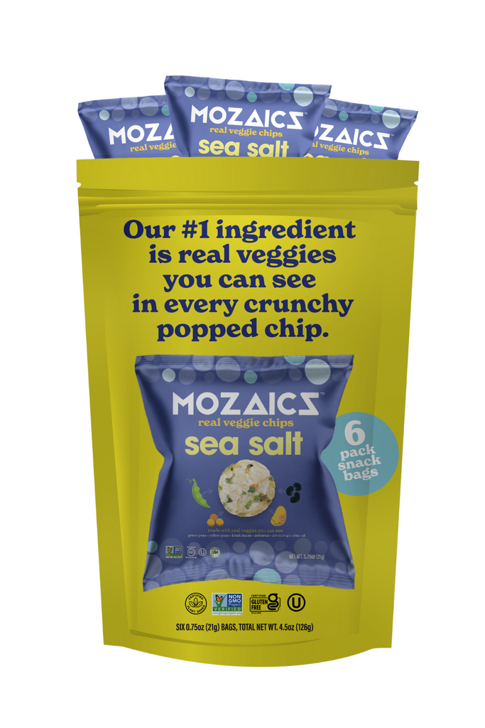 Healthy snack Mozaics Real Veggie Chips, six pack of snack size bags of Mozaics Sea Salt