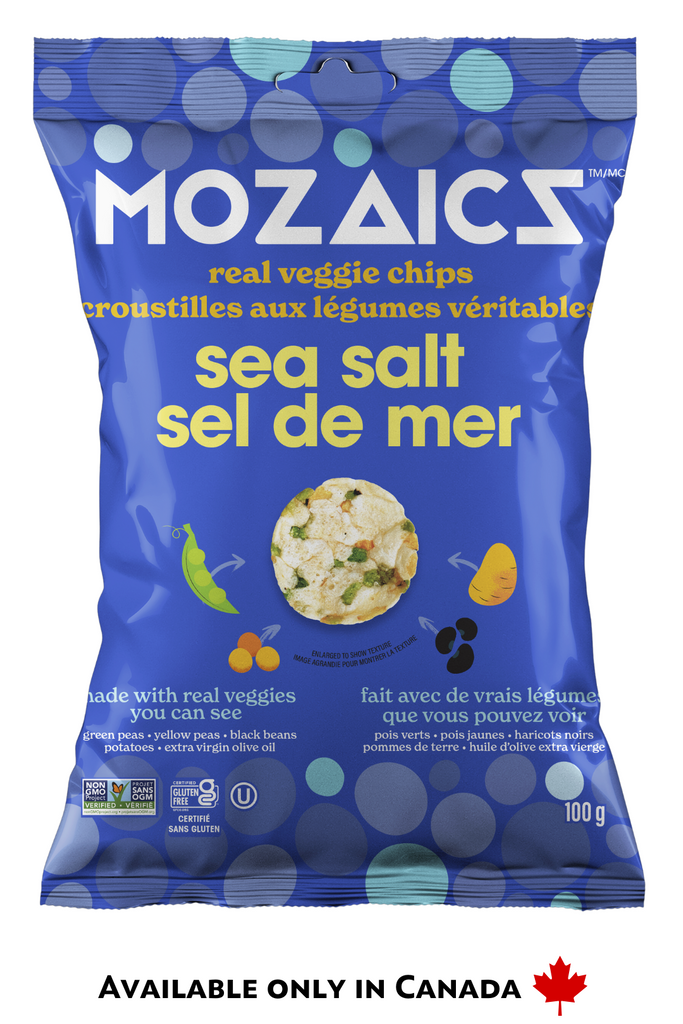 Healthy snack Mozaics Real Veggie Chips, Sea Salt package with Canadian labelling