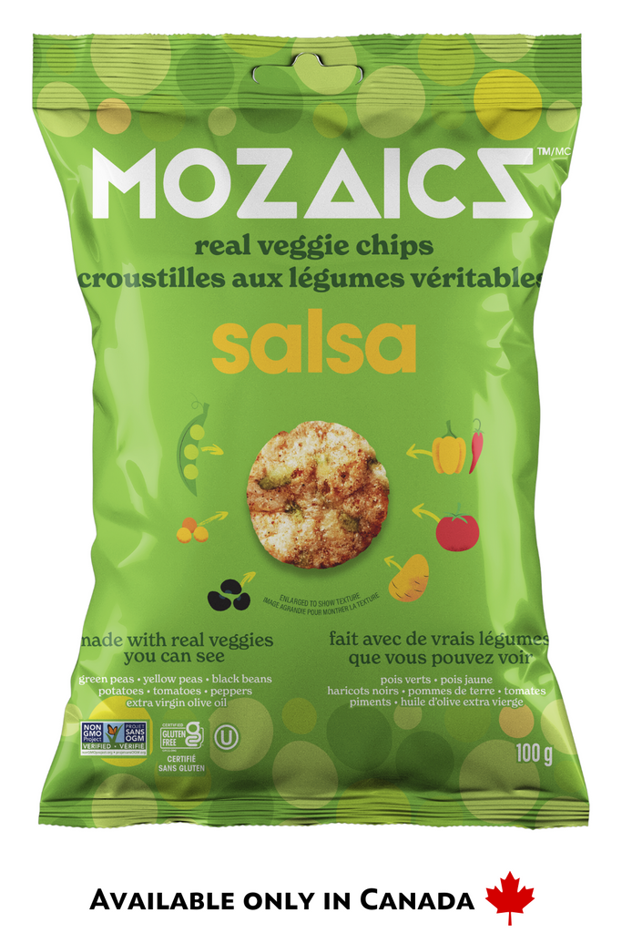 Healthy snack Mozaics Real Veggie Chips, Salsa package with Canadian labelling