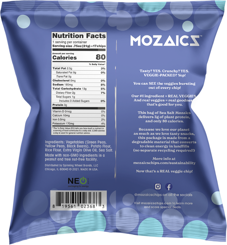 Healthy snack Mozaics Real Veggie Chips, back of Mozaics Sea Salt packet