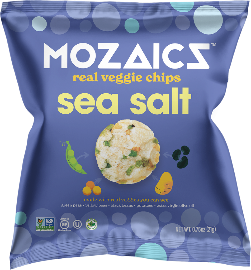 Healthy snack Mozaics Real Veggie Chips, packet of Mozaics Sea Salt