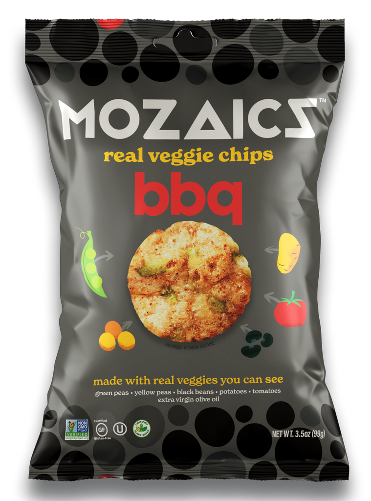 Healthy snack Mozaics Real Veggie Chips, packet of Mozaics BBQ Chips