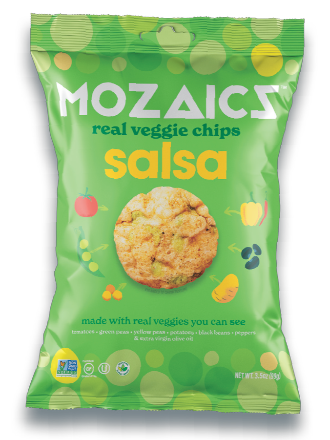 Healthy snack Mozaics Real Veggie Chips, packet of Mozaics Salsa Chips